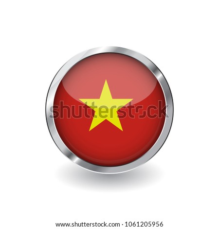 Flag of vietnam, button with metal frame and shadow. vietnam flag vector icon, badge with glossy effect and metallic border. Realistic vector illustration on white background.