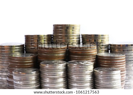 Financial concept, group of coin stacks with white background with selective focus
