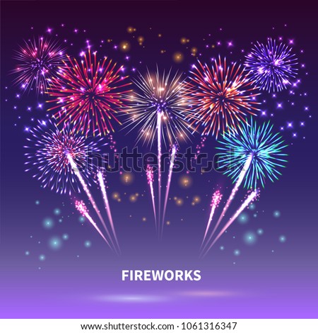 Fireworks composition with colourful images of shiny firework spots of different shape on gradient background vector illustration Royalty-Free Stock Photo #1061316347