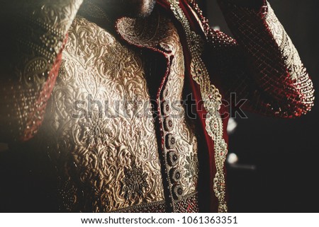 Darkened picture of handsome groom dressed in rich ethnic Indian style for a wedding