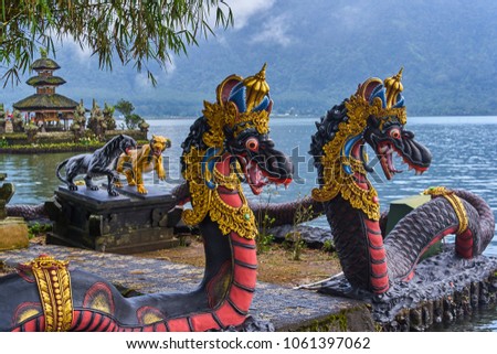 Dragons in Pura Ulun Danu Beratan territory on Bali island, Indonesia