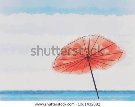 Watercolor drawings are in the sky and the sea with beach umbrellas. On a white background Suitable for use as a background.