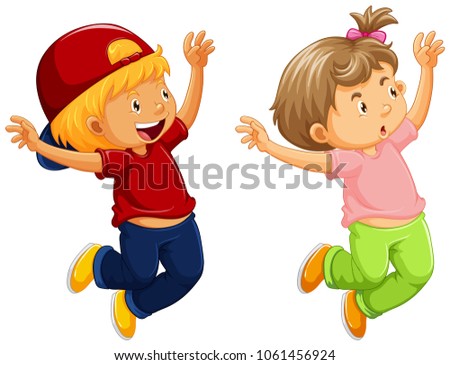 Little boy and girl jumping up illustration