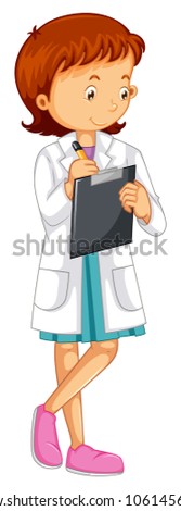 Woman in white coat writing on board illustration