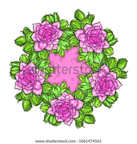Beautiful pink flowers with green brunches and buds in oval, circle, vector hand drawn illustration isolated on white background