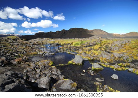 The nature of Iceland (Landmannalaugar). Summer landscape, view of the glacier, mountains, rivers and rocks of Iceland. Journey to the south of the country. Hikking, hike with a tent to the most beaut