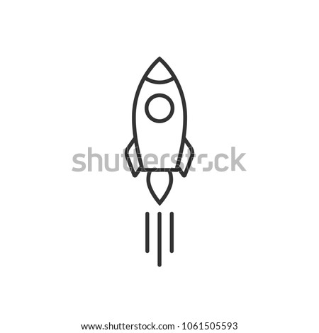 Outline rocket ship with fire. Isolated on white. Flat line icon. Vector illustration with flying rocket. Space travel. Project start up sign. Creative idea symbol. Black and white. Royalty-Free Stock Photo #1061505593