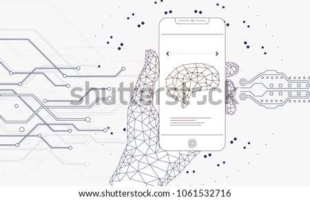 Innovations systems connecting people and robots devices. Future technologies in automatics cyborg systems and computers industry from awesome internet developments. Geometry style with linear pictogr Royalty-Free Stock Photo #1061532716