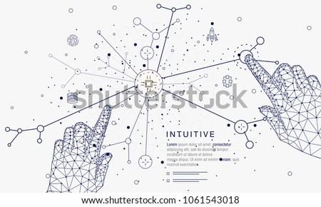 Innovations systems connecting people and robots devices. Future technologies in automatics cyborg systems and computers industry from awesome internet developments. Geometry style with linear pictogr Royalty-Free Stock Photo #1061543018