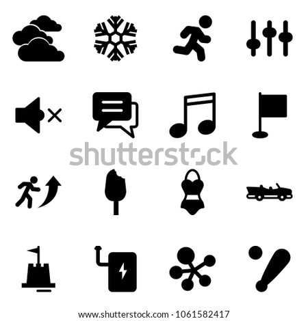 Solid vector icon set - clouds vector, snowflake, run, settings, volume off, chat, music, flag, career, ice cream, swimsuit, cabrio, sand castle, power bank, molecule, baseball bat