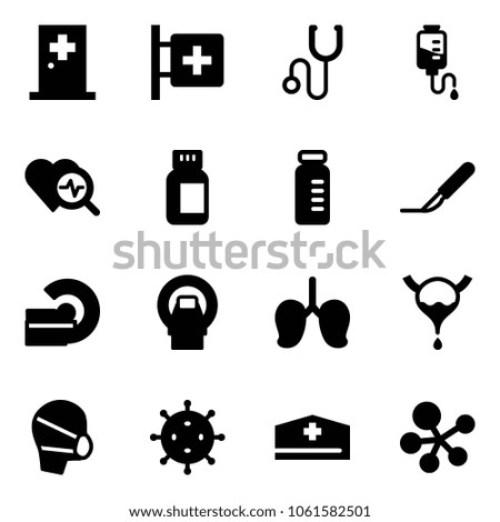 Solid vector icon set - first aid room vector, stethoscope, drop counter, heart diagnosis, pills bottle, vial, scalpel, mri, lungs, bladder, medical mask, virus, doctor hat, molecule