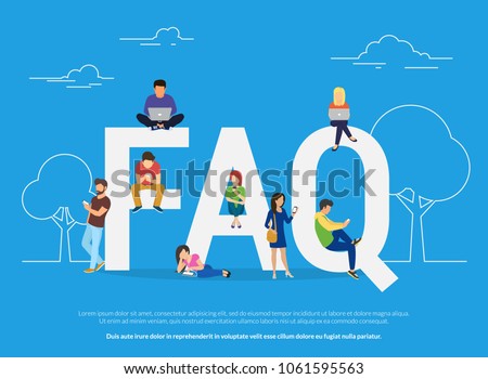 Frequently asked questions concept illustration of young people standing near letters and using smart phone, laptop and digital tablet. Flat women and men with letters symbols faq on blue background Royalty-Free Stock Photo #1061595563