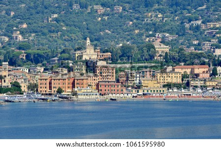Aerial view of the Ligurian coast of the east. We are in the Gulf of Tigullio, and the village in the picture is Santa Margherita Ligure with the church of San Giacomo.