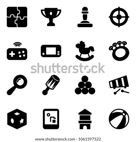 Solid vector icon set - puzzle vector, gold cup, pawn, target, joystick wireless, game console, rocking horse, beanbag, billiards balls, xylophone, cube toy, block house, beach ball