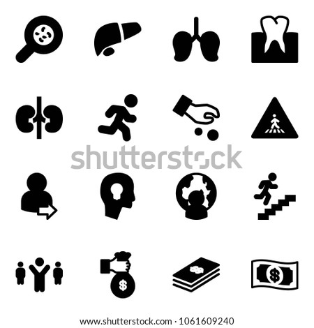 Solid vector icon set - bacteria vector, liver, lungs, tooth, kidneys, run, investment, pedestrian road sign, user login, head bulb, man globe, career, team leader, rich, dollar, money