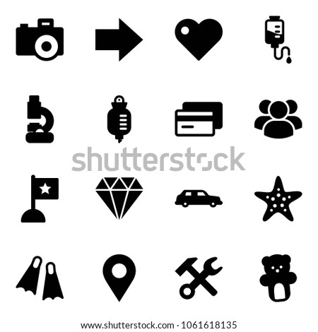 Solid vector icon set - camera vector, right arrow, heart, drop counter, lab, credit card, group, flag, diamond, limousine, starfish, flippers, navigation pin, wrench hammer, bear toy
