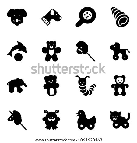 Solid vector icon set - dog vector, bacteria, shell, dolphin, bear toy, horse stick, wheel, elephant, caterpillar, unicorn, monster, duck, cat