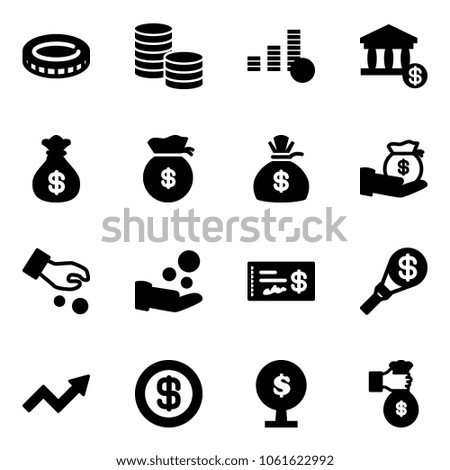 Solid vector icon set - coin vector, account, money bag, investment, cash pay, check, torch, growth arrow, dollar, tree, rich