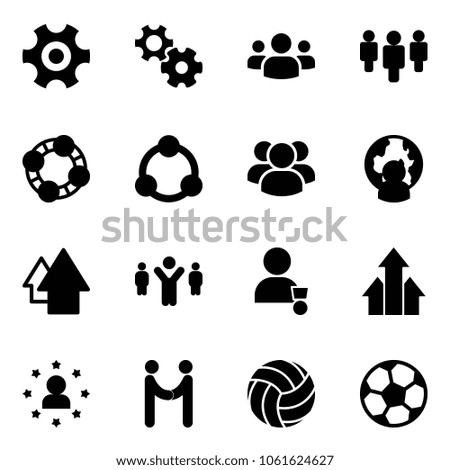 Solid vector icon set - gear vector, group, friends, community, man globe, arrow up, team leader, winner, arrows, star, agreement, volleyball, soccer ball