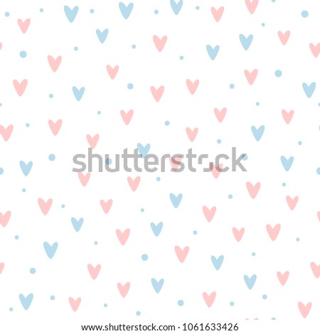 Lovely romantic seamless pattern. Repeated hearts and round dots. Drawn by hand. Sweet endless print. Vector illustration.