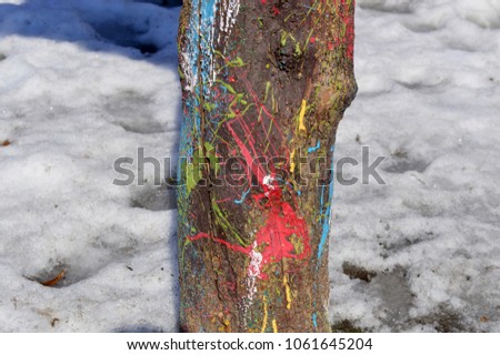 the trunk of a tree painted with paint