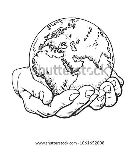 Earth in hands in retro style. Two palms hold the globe. Environment concept. Vintage hand drawn sketch vector illustration white background.