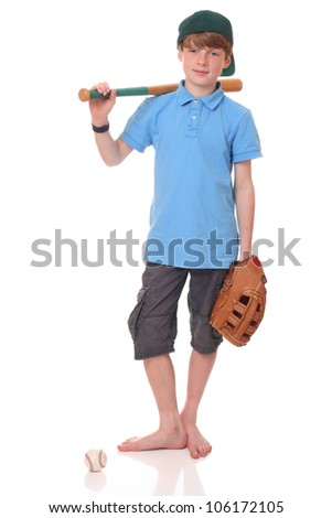 Portrait of a standing young baseball player on white background