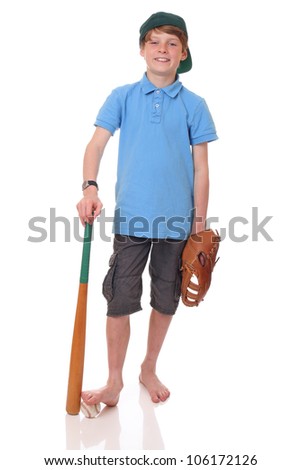 Portrait of a standing young baseball player on white background