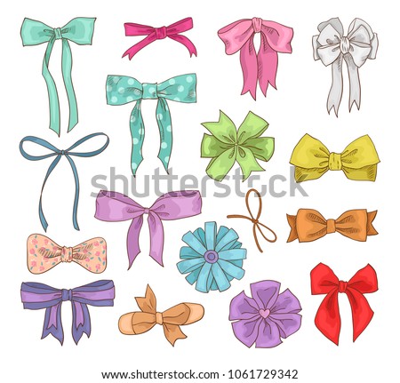 Girls bow vector girlish bowknot or girlie ribbon on hair or for decorating gifts on Birtrhday illustration set of bowed or ribboned presents on holidays celebration isolated on white background