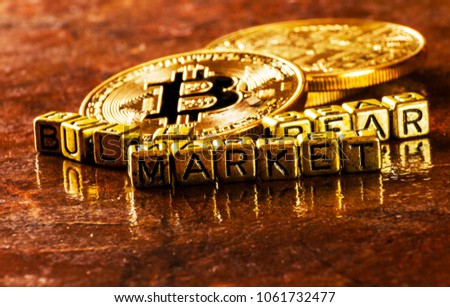 inscription bull bear market with Crypto currency Golden Bitcoin, BTC, macro-shot coin, bitcoin mining concept, finance