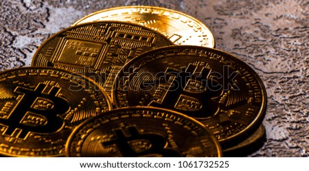 Crypto currency Golden Bitcoin, BTC, macro-shot coin, bitcoin mining concept, finance