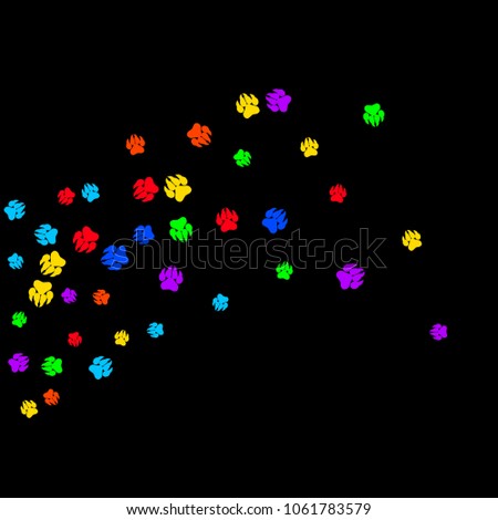 Colorful Bear Footprints. Prints of Paws with Big Claws for Petshop Design or for Goods for Pets. Simple Pattern for Print, Logo or Poster. Vector Confetti Background.
