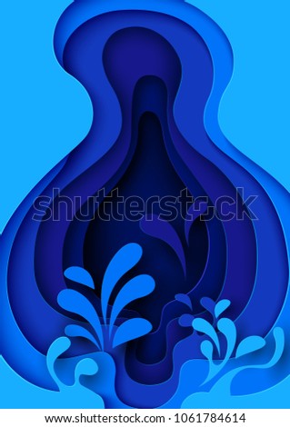 Save water with leaf shape paper layer cut abstract background.Ecology and environment conservation concept design paper art style.Vector illustration.