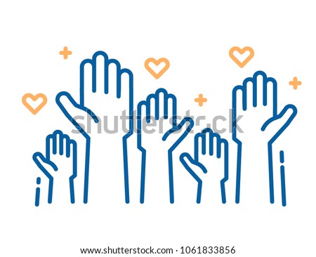 Volunteers and charity work. Raised helping hands. Vector thin line icon illustrations with a crowd of people ready and available to help and contribute. Positive foundation, business, service. Royalty-Free Stock Photo #1061833856