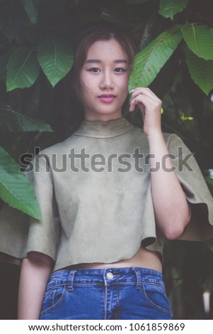 Portrait of thai china adult beautiful girl relax time, in Vintage Style