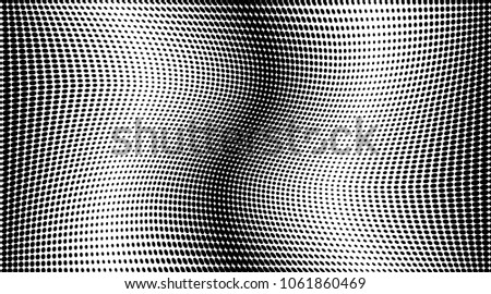 Wave halftone dots pattern texture background. Black pixels. Modern dotted vector illustration. Abstract wavy lines. Points backdrop. Grungy spotted pattern. Wide image