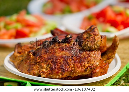 Fresh meat in white plate. Picnic picture proper for restaurant menu design.