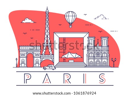 Stylish vector illustration of Paris, France with famous landmarks of the city. Travel and tourism concept art.