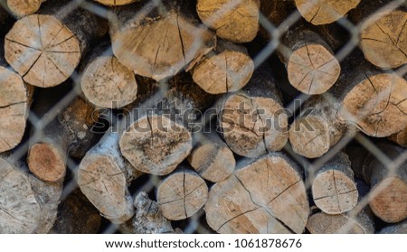 Background of dry chopped firewood logs stacked up on top of each other in a pile. Fire wood stock for winter.