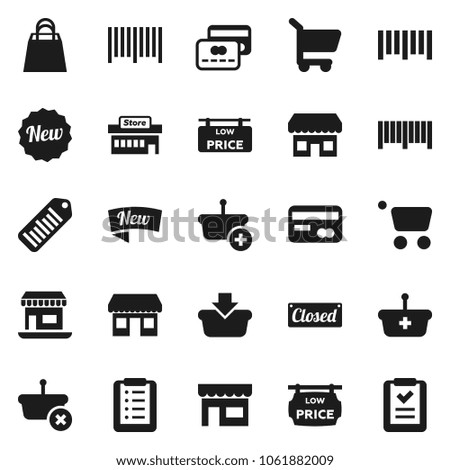 Flat vector icon set - office vector, barcode, low price signboard, credit card, new, closed, shopping bag, store, mall, basket, cart, list