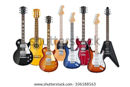 acoustic and electric guitars set of vector icon illustration isolated on white background EPS10. Transparent objects and opacity masks used for shadows and lights drawing