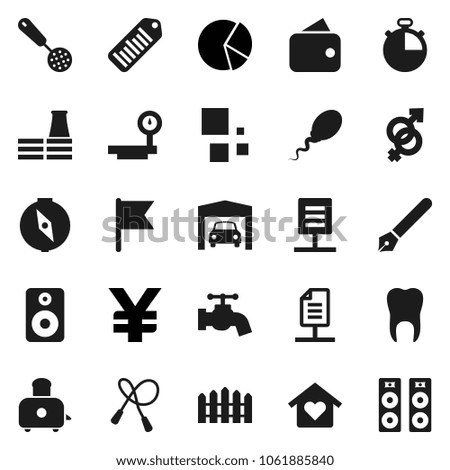 Flat vector icon set - water tap vector, skimmer, toaster, pen, compass, flag, pie graph, yen sign, stopwatch, jump rope, big scales, barcode, speaker, gender, sperm, tooth, loading, garage, fence
