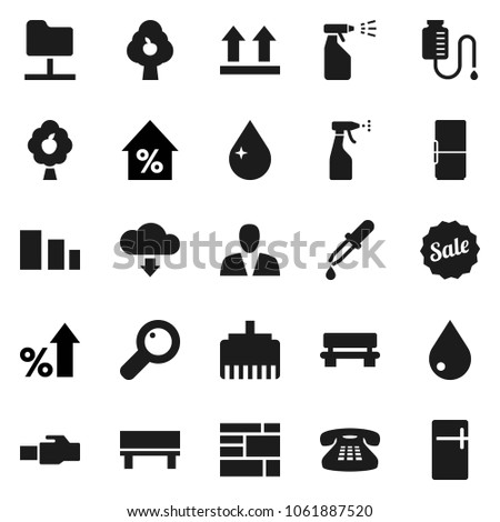 Flat vector icon set - water drop vector, sprayer, percent growth, consolidated cargo, top sign, sorting, classic phone, magnifier, dropper, counter, network folder, lan connector, bench, fruit tree