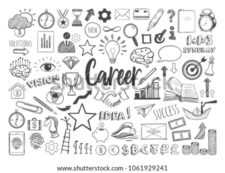 Management infographic concept with financial business career development elements in doodle style . Vector hand drawn illustration. Isolated objects Royalty-Free Stock Photo #1061929241
