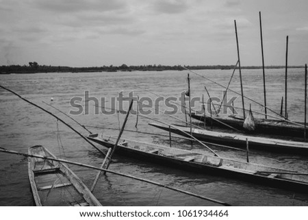 The River of Life Many fishing boats black and white picture