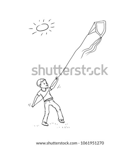 Vector sketch boy plays with paper kite. Active children teenager walk in summer on outdoor sun shining black white isolated illustration.