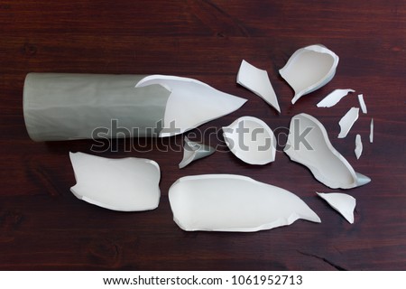Shards of a ceramic grey object on a dark wood background.