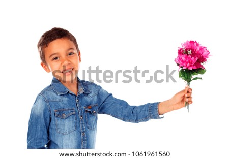 Happy boy with a beautiful bouquet of pink flowers isolated on a white background