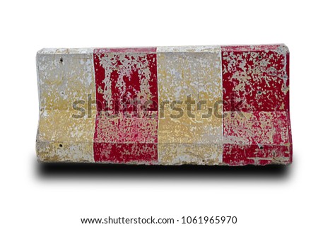 Red and white concrete barriers blocking the road, Isolated, concrete barriers blocking on white background,Red and white concrete barriers on white background,dirty barrier, old barrier with shadow