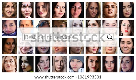 Best dating services. The text is displayed in the search box on the background of a collage of many square female portraits. The concept of service for dating
